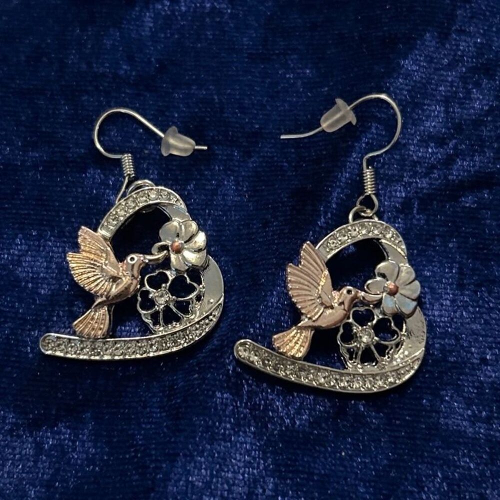 Rhinestone Hummingbird & Floral Heart Dangle Earrings